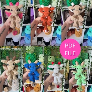May include: A collection of handmade crochet plushies in various dessert-themed designs, including a sprinkle donut, pumpkin pie, and cinnamon roll. Each plushie features unique colors and details, with the text "PDF FILE" in a pink circle.