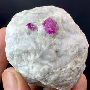 May include: A rough, rounded white mineral specimen featuring two distinct, vibrant magenta-pink crystal inclusions embedded on its textured surface. The stone has a crystalline, opaque appearance with jagged edges and a natural, unpolished finish.