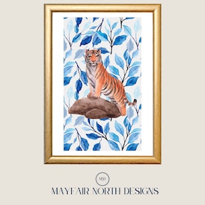 Arte de pared de tigre, Impresión de arte de la naturaleza, Impresión de tigre de moda, Arte animal digital, Arte estético azul, Descarga digital de tigre de Bengala abstracto