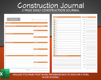 Construction Journal 30 day, Excel editable with Cover Page