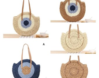 Round Straw Beach Shopping Hanmade Woven Shoulder Bag,Raffia Circle Rattan Bohemian Summer Spring Vacation Casual Classis With Zipper Bag