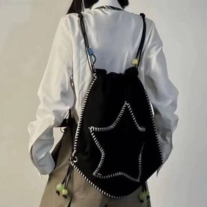 Women Casual Kawai Book Backpack. Star, Black, Shoulder Bag. Leisure, Crossbody, Kids, Travel, Girls, Student Schoolbag.