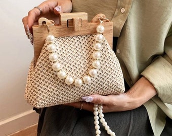 Wooden Design Shiny Pearl Chain Handle Detail Luxury Stylish Straw Handbags, New Trend Fashion Weave Straw Shoulder Women Madame Girl Bag