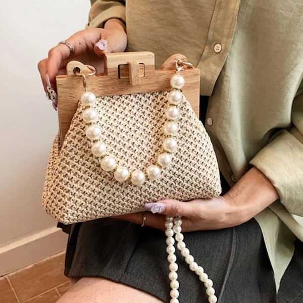 Wooden Design Shiny Pearl Chain Handle Detail Luxury Stylish Straw Handbags, New Trend Fashion Weave Straw Shoulder Women Madame Girl Bag