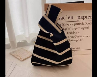 Bolsos de punto japoneses. Mini muñeca con nudo para mujer, informal, Color, tira ancha, bolso de mano a cuadros. Bolsa de compras reutilizable para estudiantes. Bolsos de punto hechos a mano