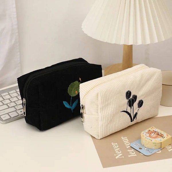 Flower Pencilcase School Supplies Large Capasity Pencilcase,Corduroy Cute Stationery Pencil Pouch Stationery Organizer Bag Multi Purpose Bag