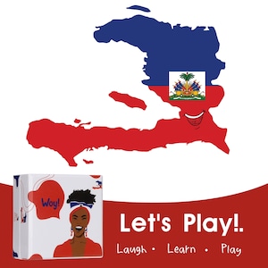 Może przedstawiać: Ilustracja czerwono-biało-niebieska przedstawiająca kraj Haiti z uśmiechniętą twarzą. Pod obrazkiem znajduje się tekst "Let's Play!". Pod tekstem "Let's Play!" znajduje się tekst "Laugh. Learn. Play."