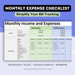 Op de afbeelding: Een afdrukbare maandelijkse uitgavenchecklist-spreadsheet-sjabloon met een blauw-groen kleurenschema. De sjabloon bevat secties voor inkomsten en huishoudelijke uitgaven. De spreadsheet is ontworpen om gebruikers te helpen hun maandelijkse inkomsten en uitgaven voor januari en februari bij te houden.