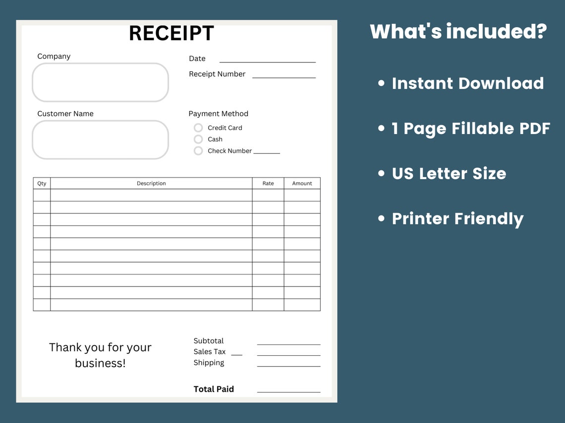 Receipt Template Fillable Receipt Printable Receipt Etsy