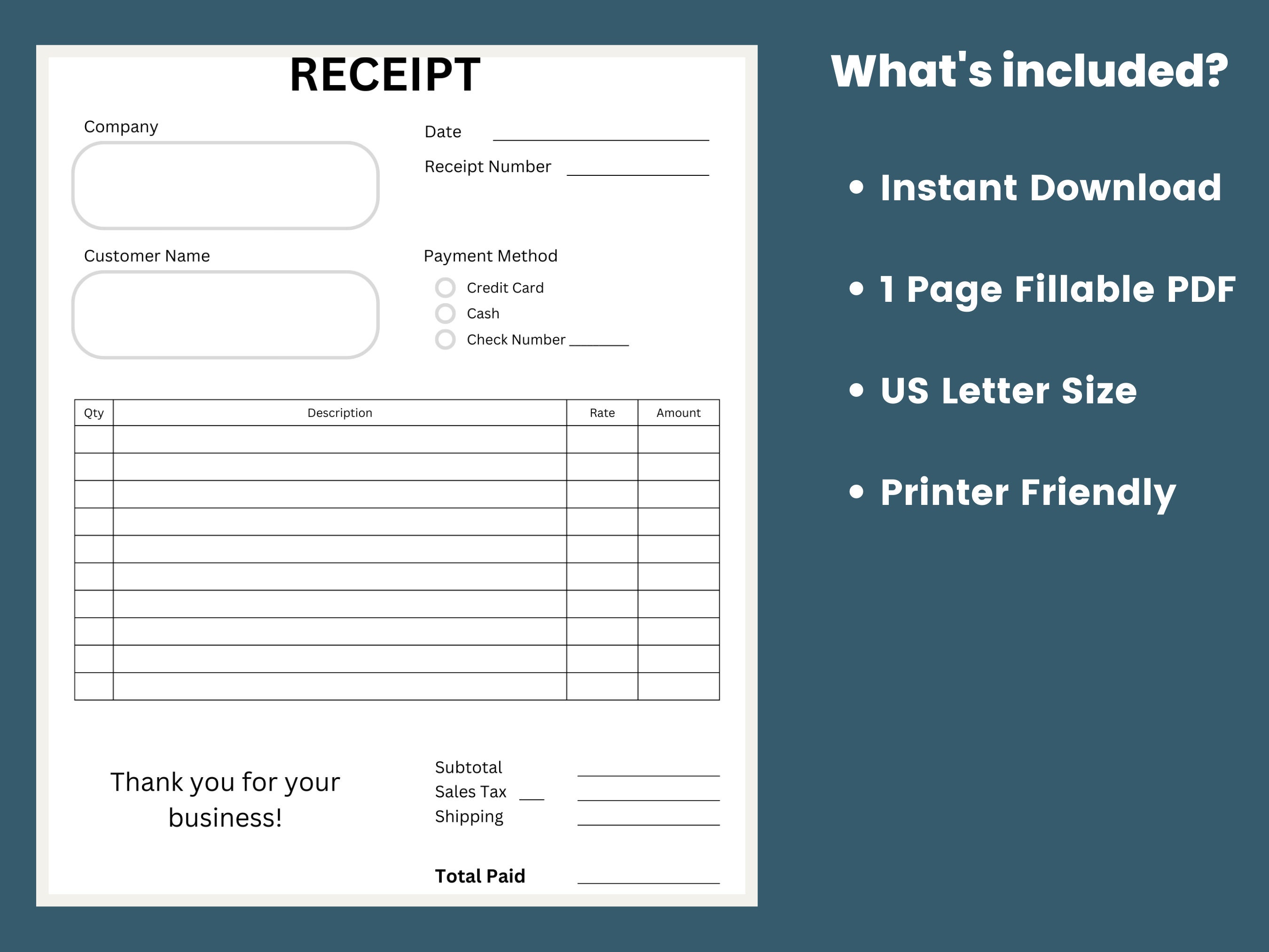 Receipt Template Fillable Receipt Printable Receipt Etsy