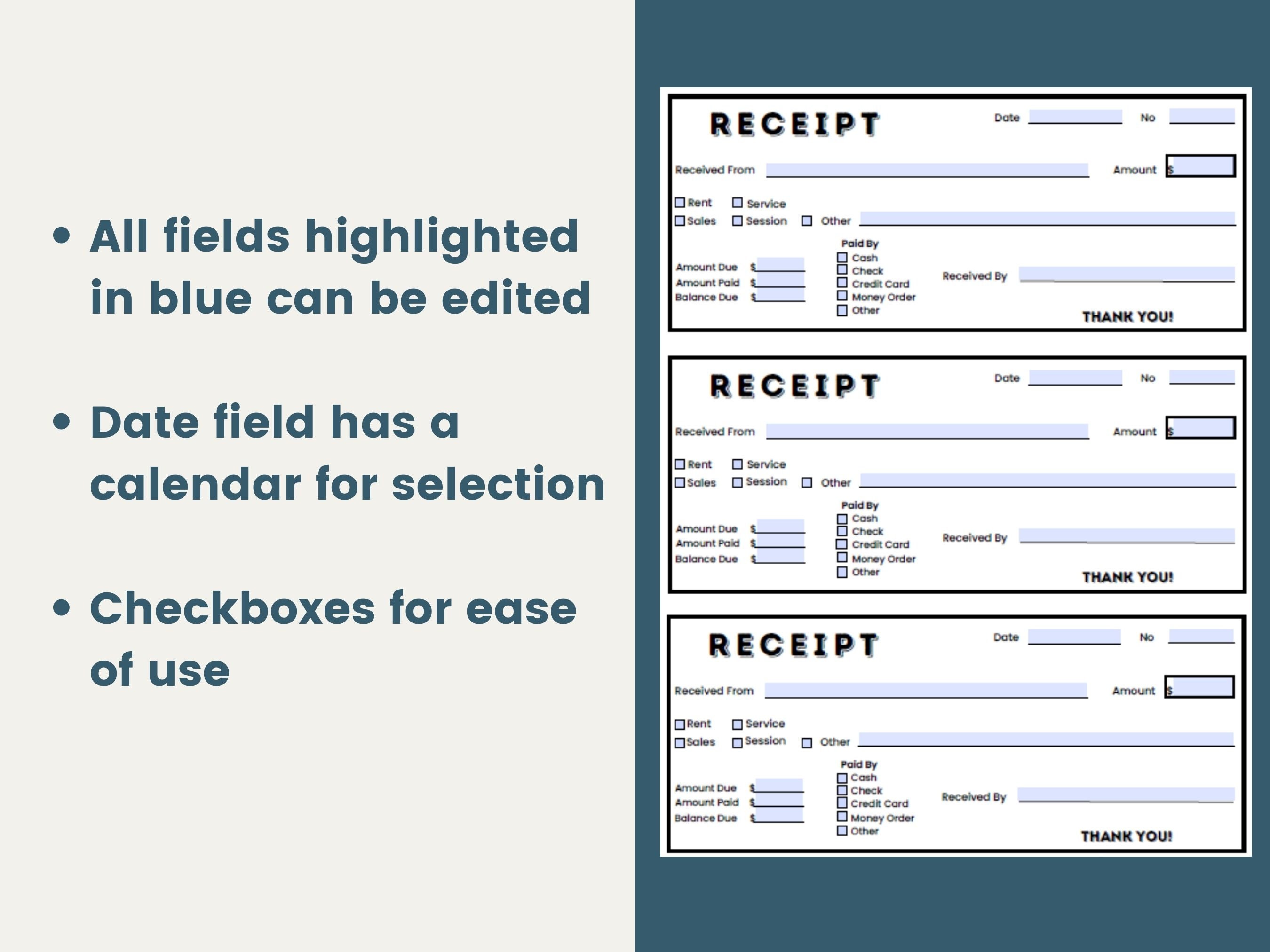 Receipt Template Rent Receipt Fillable Receipt Printable - Etsy UK