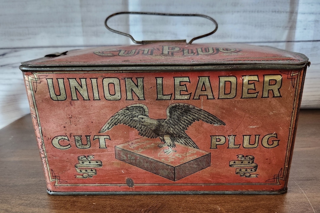 Vintage Union Leader Cut Plug Lunch Box Tin, Collector Tobacco Tin