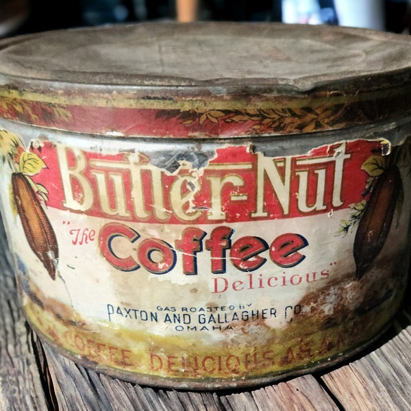 Vintage 1930's 3 LBS Butter-Nut Coffee Tin - Retro Kitchen Decor - Collectible Advertising Canister