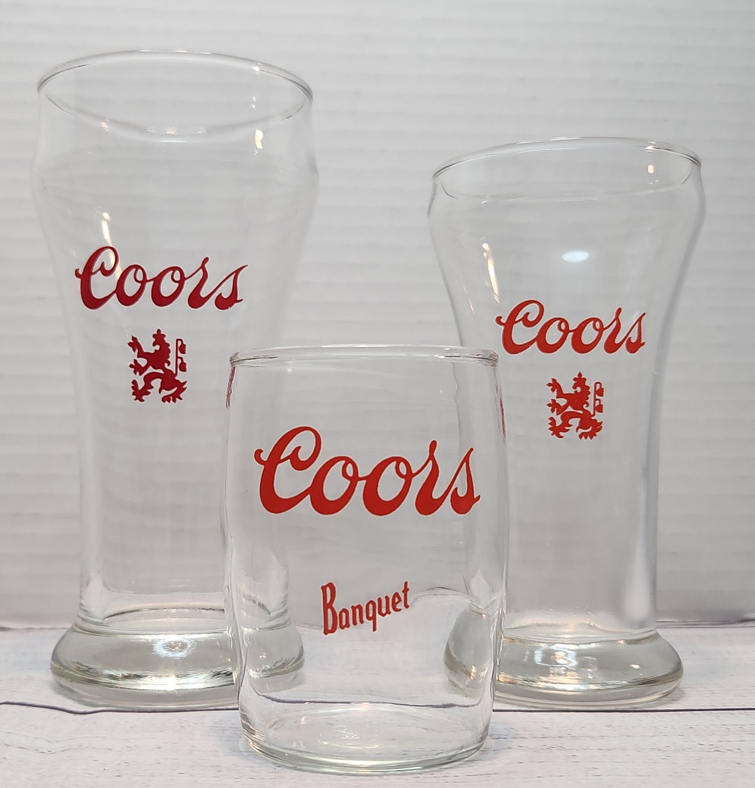 Vintage Lion Coat of Arms Logo Coors Beer Glasses Two and Coors Banquet