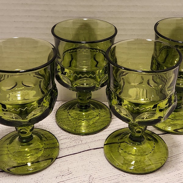 Zestaw 4 Vintage Avocado Green Indiana Glass Kings Crown Thumbprint Zestaw kielichów do wina na wodę, bezpłatna wysyłka