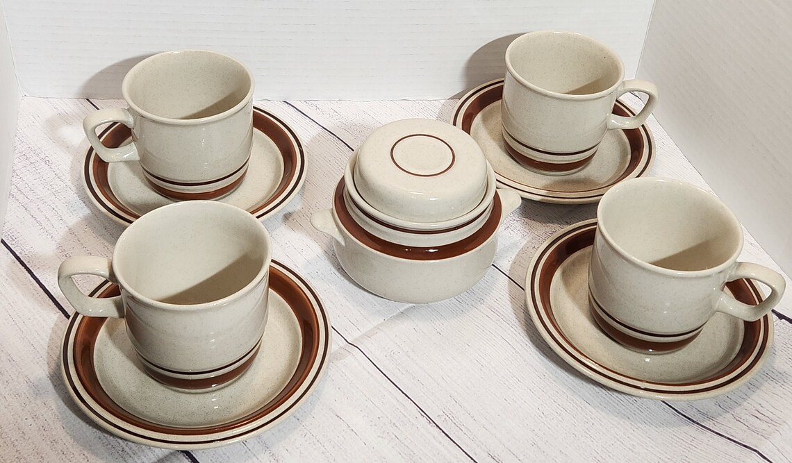 Vintage Stoneware Cups and Saucers and Covered Sugar Dish, Contemporary Chateau, Set of 4, Hand