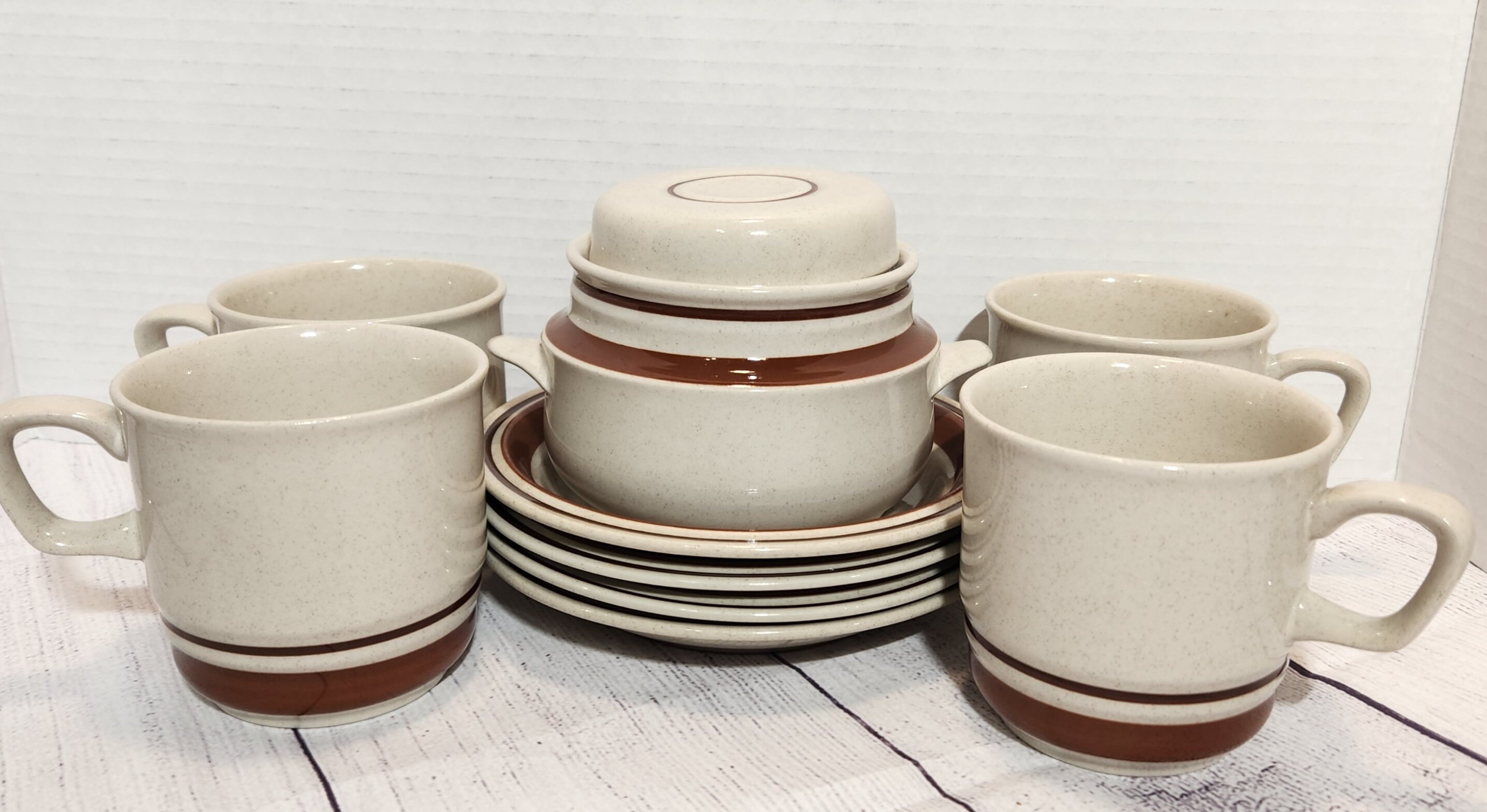 Vintage Stoneware Cups and Saucers and Covered Sugar Dish, Contemporary Chateau, Set of 4, Hand