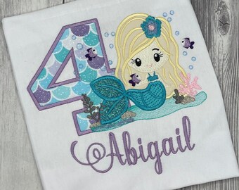 Mermaid Birthday toddler girls birthday, Mermaid undersea birthday shirt, mermaid embroidered birthday shirt, personalized birthday shirt,