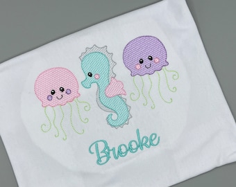 Girls Jellyfish Seahorse t shirt Girls sea creature personalized shirt embroidered shirt summer shirt beach shirt beach crab shirt