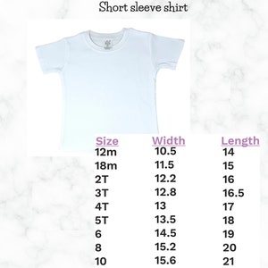 May include: White short-sleeve shirt for boys. The image includes a size chart with measurements in inches for sizes 12m to 12. Width measurements range from 10.5 to 16 inches, and lengths range from 14 to 22 inches.