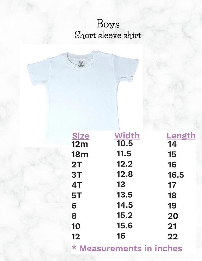 May include: White short-sleeve shirt for boys. The image includes a size chart with measurements in inches for sizes 12m to 12. Width measurements range from 10.5 to 16 inches, and lengths range from 14 to 22 inches.