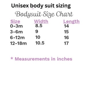 May include: A chart titled "Unisex body suit sizing" with measurements in inches. The chart lists sizes 0-3m, 3-6m, 6-12m, and 12-18m, with corresponding width and length measurements in inches.