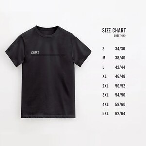May include: A black t-shirt with the word "CHEST" printed on the front. A size chart is shown on the right side of the image with chest measurements in inches.
