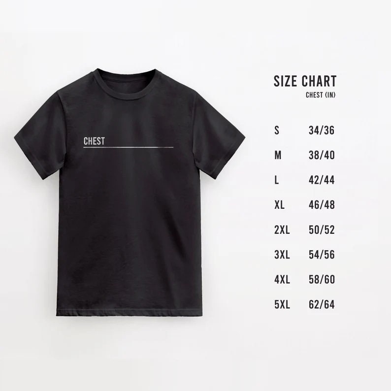 May include: A black t-shirt with the word "CHEST" printed on the front. A size chart is shown on the right side of the image with chest measurements in inches.