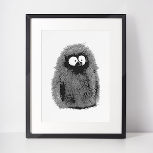 Penguin Wall Art | Cute Fluffy Penguin Print | Black & White Print | Interior Decor | Minimalist Line Drawing | Physical Poster