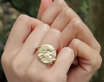 Unique Textured Gold Plated Moon Ring | Caldera Statement Ring, Dainty Ring, Symbolic Ring, Gold Jewelry Collection, Stamp Ring, Signet Ring