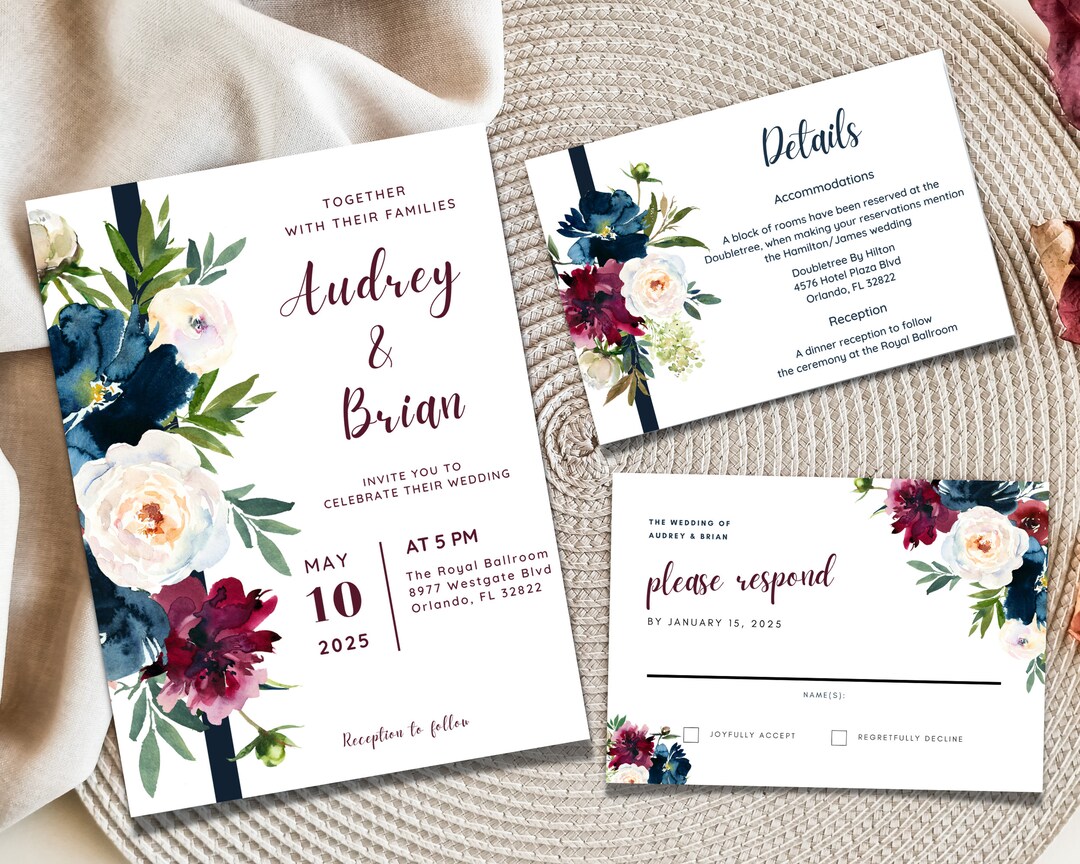 Burgundy and Navy Printable Wedding Invitation Set Canva Template ...