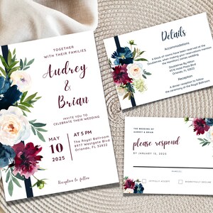 Burgundy and Navy Printable Wedding Invitation Set Canva Template ...