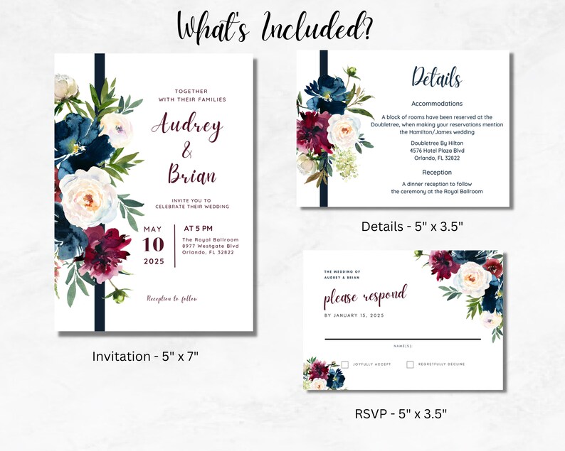 Burgundy and Navy Printable Wedding Invitation Set Canva - Etsy