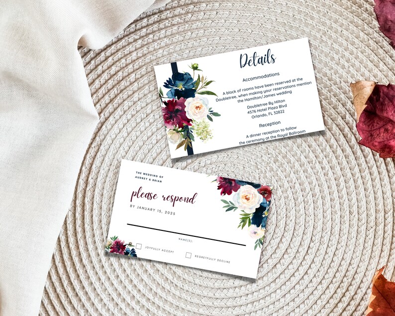 Burgundy and Navy Printable Wedding Invitation Set Canva - Etsy