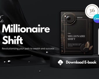 May include: A black and gold digital tablet displaying an ebook cover with the title "The Millionaire Shift: Revolutionizing your path to wealth and success". The ebook cover has a geometric design with gold accents and a black background. The tablet is on a black pedestal with a white cloud icon and the text "Download E-book".