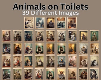 Animaux assis sur les toilettes en lisant l'art mural du journal | 39 images différentes | Téléchargement instantané | Art mural numérique