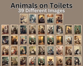 Tiere Sitzen auf Toilette Wandkunst | 39 verschiedene Bilder | Sofort Download | Digitale Wandkunst