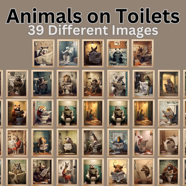 Animaux assis sur les toilettes en lisant l'art mural du journal | 39 images différentes | Téléchargement instantané | Art mural numérique