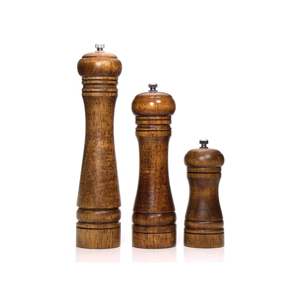 Salt and Pepper Mills, Solid Wood Pepper Mill with Strong Adjustable Ceramic Grinder, Vintage wooden pepper grinder 5" 8" 10"