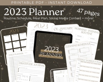 2023 Printable Planner: 47 pages of Routine Schedules, Meal Planning, Travel Itinerary, Workout,  Debt Payoff, Social Media Content Calendar