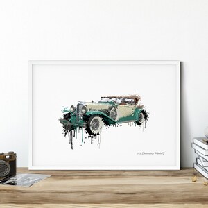 May include: A framed print of a vintage car in teal, cream, and brown, with white tires. The artwork has a watercolor effect with paint drips. The text "1931 Duesenberg Model J" is at the bottom.