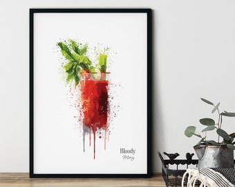 Cocktail Bloody Mary Water Colour Poster Print Kitchen Home Wall Art Cafe Gift