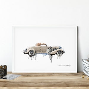 May include: A framed print of a vintage car, a 1933 Duesenberg Model J, rendered in a watercolor style. The car is beige with white wheels and blue and black paint drips. The print is displayed on a wooden surface.