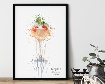 Cocktail Tarquin's Strawberry & Lime Water Colour Poster Print Kitchen Home Wall Art Cafe Gift