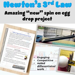May include: A worksheet with instructions for a science project titled "Make an Egg-cellent Protective Device". The project involves designing a device to protect an egg from a drop. The worksheet includes a section titled "Protect the Egg" with bullet points outlining the project requirements. The image also includes a photo of a ramp with an egg at the bottom, and a photo of a student working on the project.