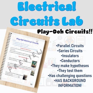 Puede incluir: Una hoja de trabajo colorida con el título "Electrical Circuits Lab Play-Doh Circuits!" La hoja de trabajo incluye instrucciones para un experimento científico que utiliza Play-Doh para crear circuitos eléctricos. La hoja de trabajo también incluye una lista de conceptos clave relacionados con los circuitos eléctricos, como los circuitos paralelos, los circuitos en serie, los aislantes y los conductores.