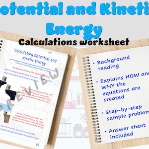 May include: A worksheet for calculating potential and kinetic energy. The worksheet includes a background reading section, explanations of the equations, step-by-step sample problems, and an answer sheet. The worksheet features a cartoon illustration of a person dropping weights off a cliff.