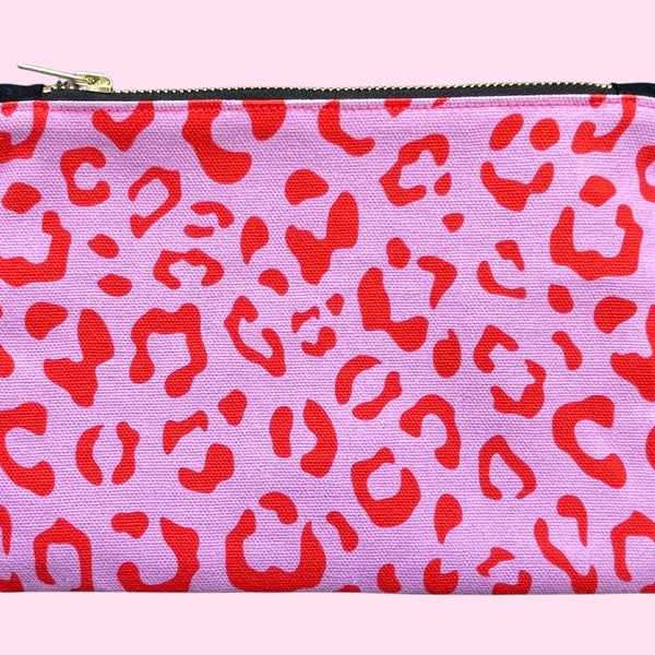 Leopard Print Zip Pouch | Bright Pink and Red | Organic Cotton Canvas | Makeup Bag | Cosmetic Bag | Travel Pouch | Handmade