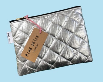 Statement Silver Quilted Zip Pouch | Puffer Bag | Clutch Bag | Cosmetic Bag | Makeup-Bag | Gift for Her | Handmade