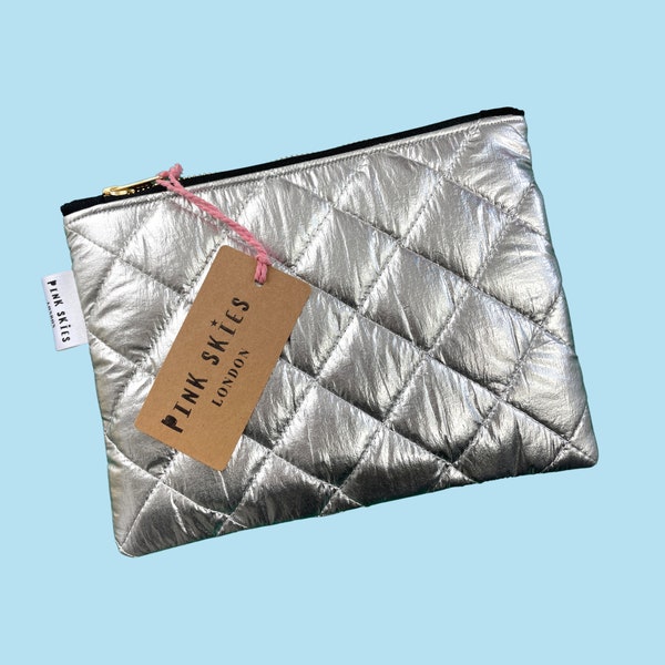 Statement Silver Quilted Zip Pouch | Puffer Bag | Clutch Bag | Cosmetic Bag | Makeup-Bag | Gift for Her | Handmade